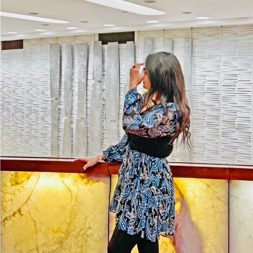 Zara Blue and Black Paisley Midi Dress